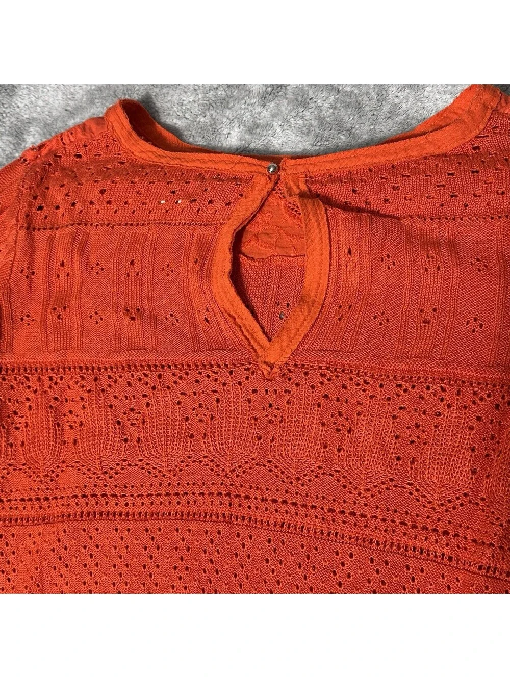 Free People Once Upon A Time Top Womens LG Orange Crochet Bell Sleeve Linen